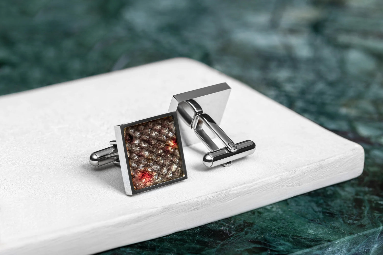 Square Cufflinks – Red-Spotted Leather
