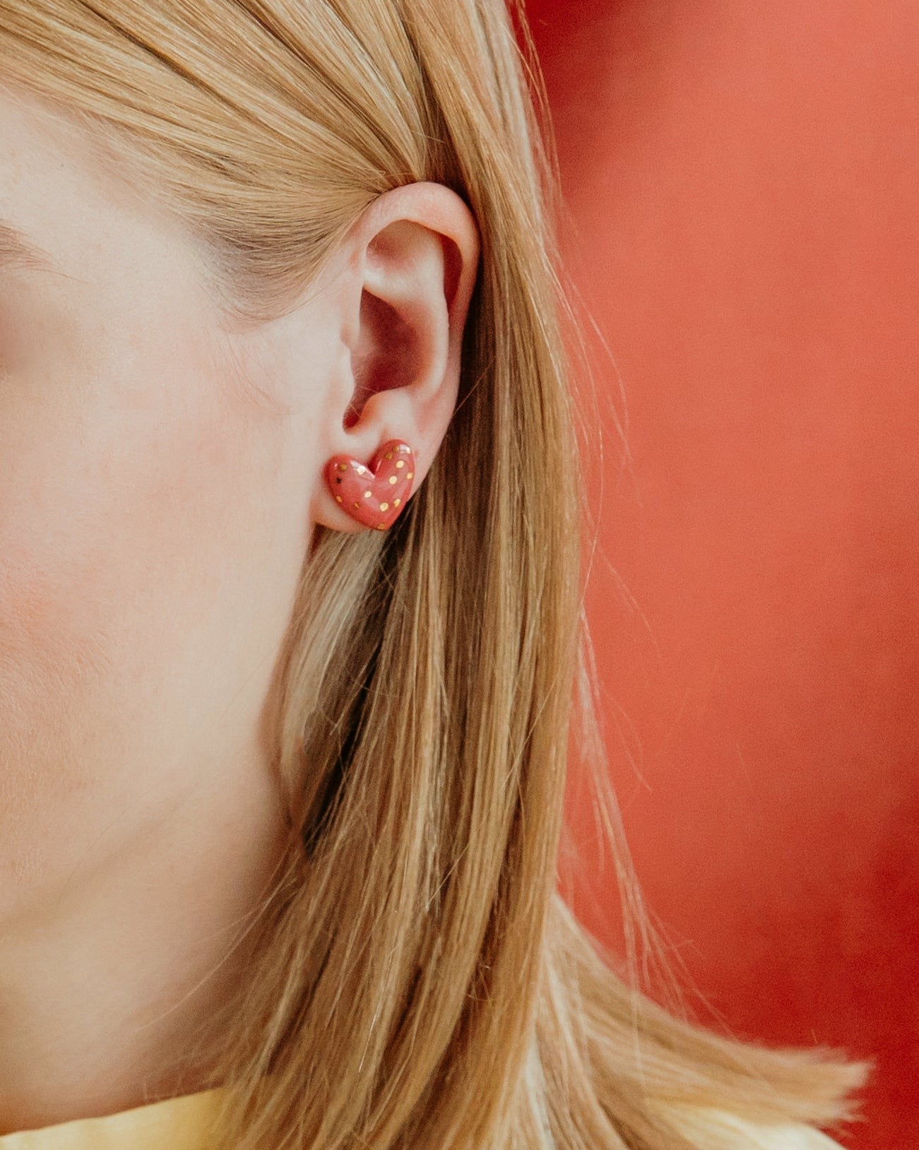 Dotted Porcelain Heart Studs -  Pink