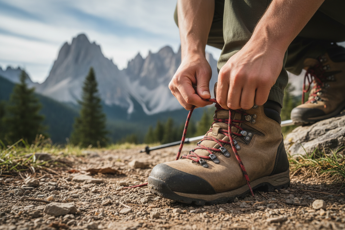 Hiker demonstrating how to tie hiking boots correctly before a trail hike