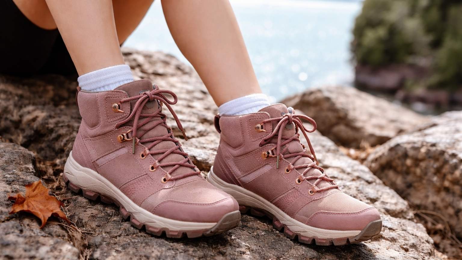 zoomed-in image of a pair of pink hiking boots