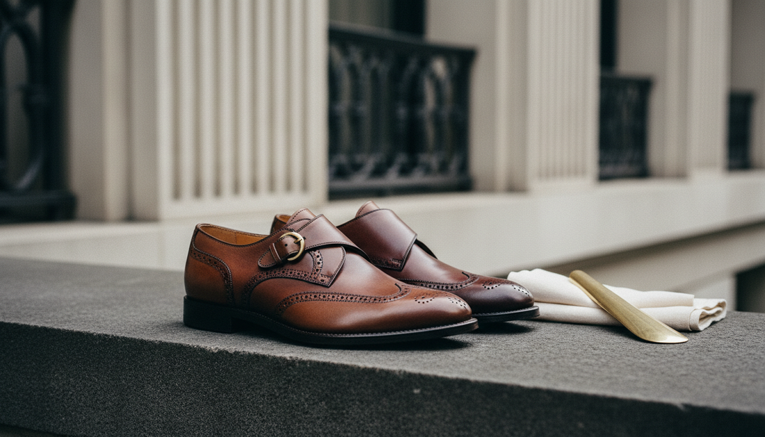 Pair of well-maintained leather boots with a clean, conditioned surface