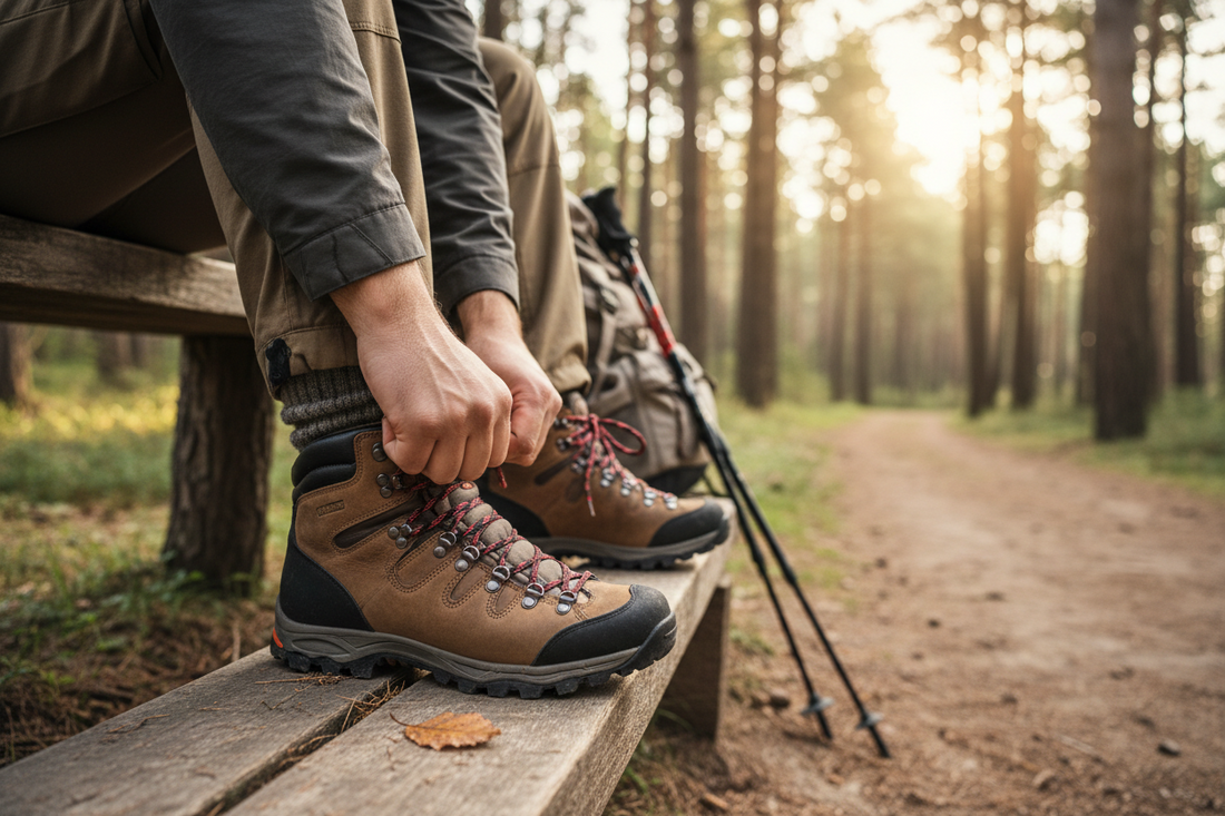 Hiker checking the fit of new hiking boots before hiking