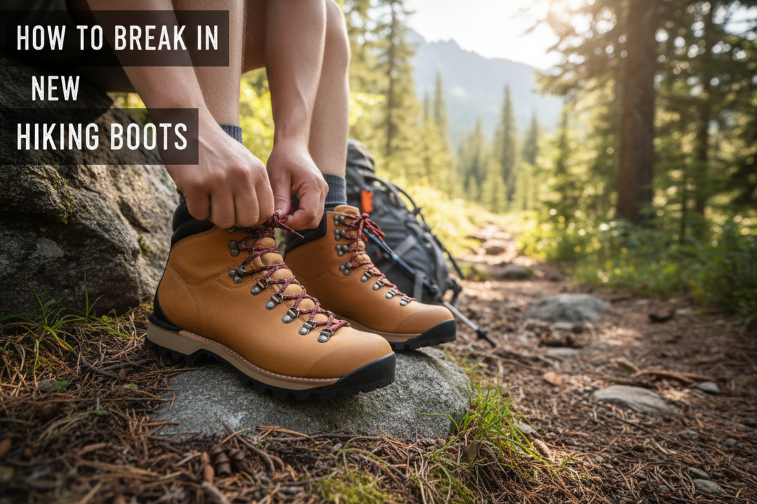 Hiker breaking in new hiking boots before a trail walk