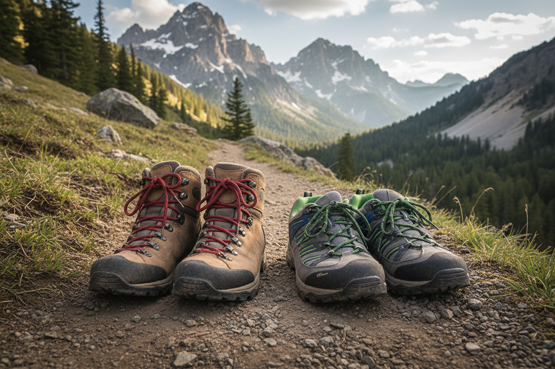 Hiking boots and hiking shoes compared side by side on a trail