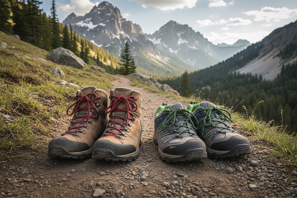 Hiking boots and hiking shoes compared side by side on a trail
