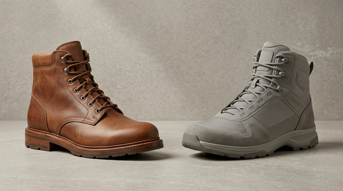 Leather and synthetic boots shown side by side for comparison