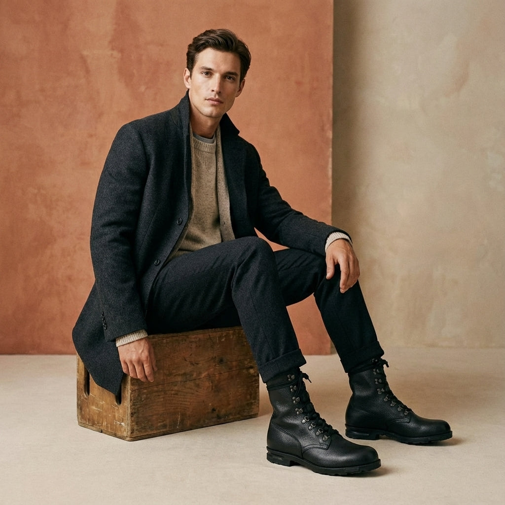 Man styling black combat boots with a smart casual outfit