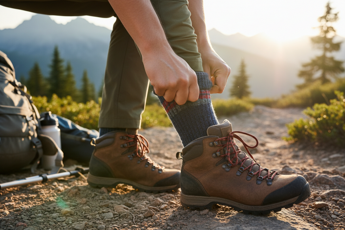 Hiker wearing hiking socks and boots before a trail walk
