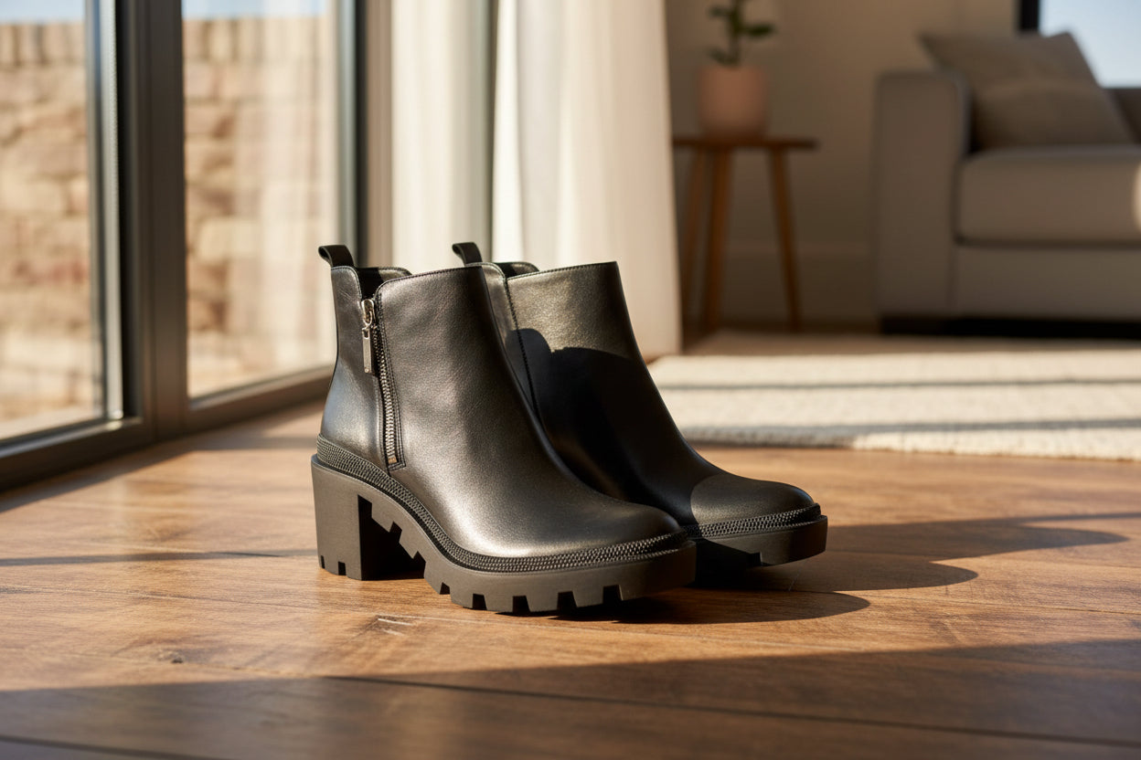 Schwarze Stiefeletten aus Ziegenleder Sophora – Damenstiefel mit runder Spitze und Blockabsatz