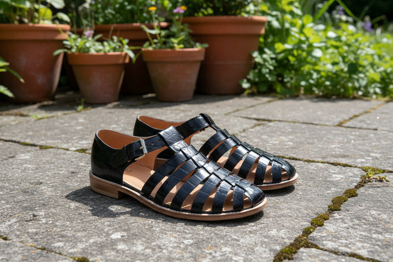 Handmade Patent Leather Fisherman Sandals - Black Croc