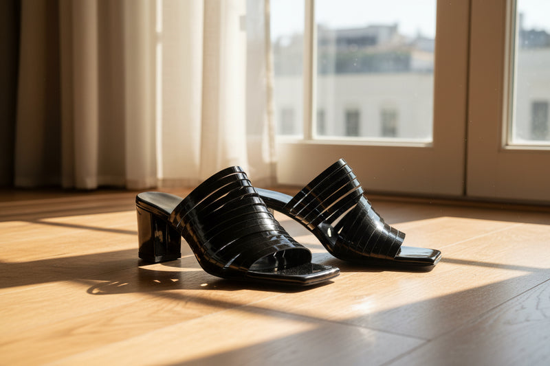 Handmade Strappy Patent Leather Sandals - Black