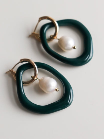 Arp Pearl and Porcelain Hoops - Dark Green