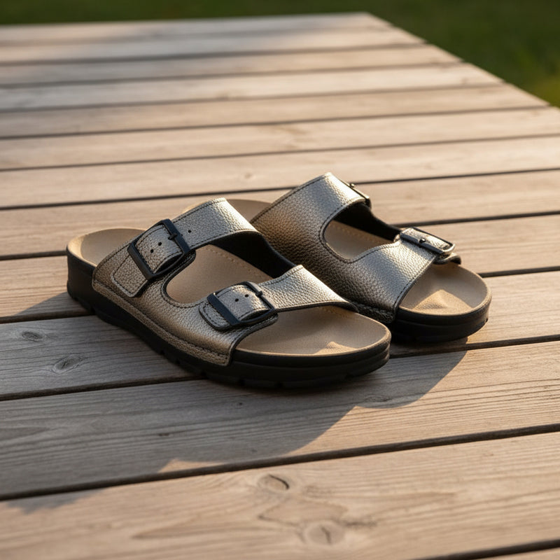 Meeliku Womens Leather Sandals – Metallic