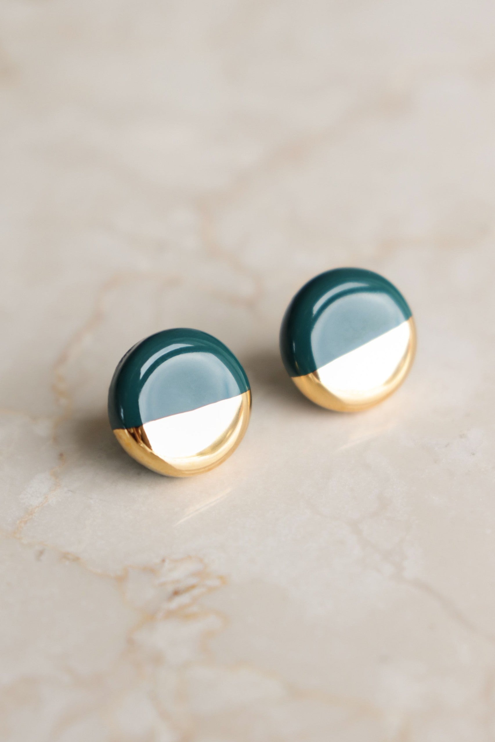 Porcelain Round Stud Earrings - Green and Gold
